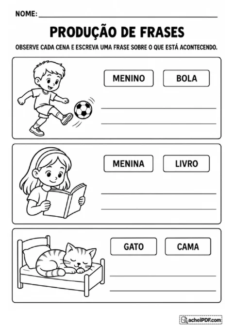 Cenas de menino chutando bola, menina lendo livro e gato dormindo para escrever frases com apoio de palavras.