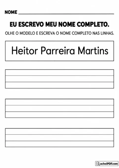 Escrita do nome completo Heitor Parreira Martins em três pautas livres, com modelo de consulta e sem pontilhados.
