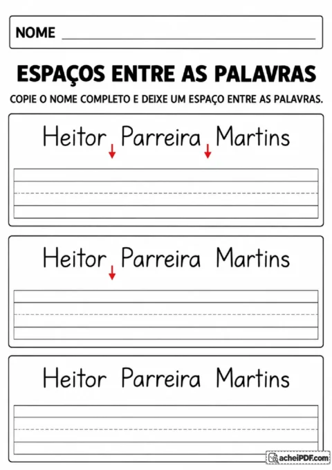 Exercício de espaçamento entre Heitor, Parreira e Martins com marcadores visuais e cópia pautada.