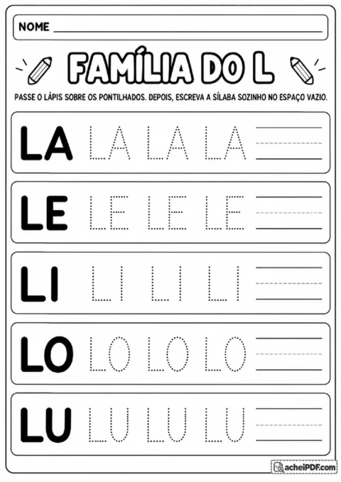 Família silábica do L com LA, LE, LI, LO e LU em linhas de traçado e cópia sem pontilhado.