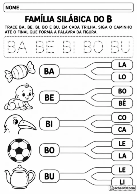 Família silábica do B com BA, BE, BI, BO e BU pontilhados e trilhas para completar palavras.