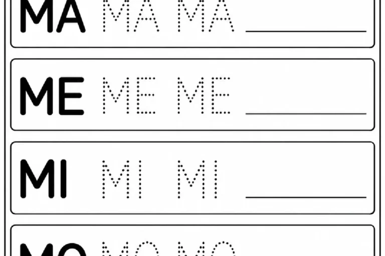 Família silábica do M com MA, ME, MI, MO e MU pontilhados para traçar e copiar em linhas.