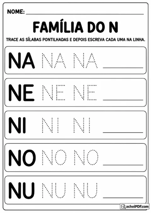 Família silábica do N com NA, NE, NI, NO e NU em atividade de traçado pontilhado e cópia.
