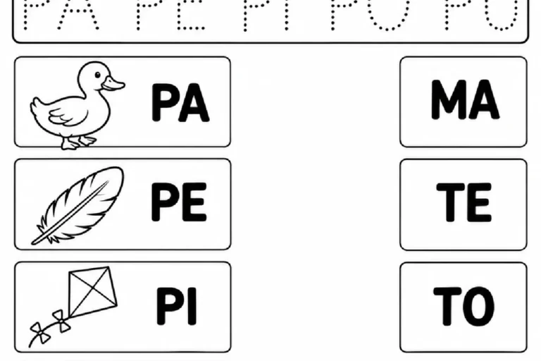 Família silábica do P com PA, PE, PI, PO e PU pontilhados e ligação de sílabas para formar palavras.