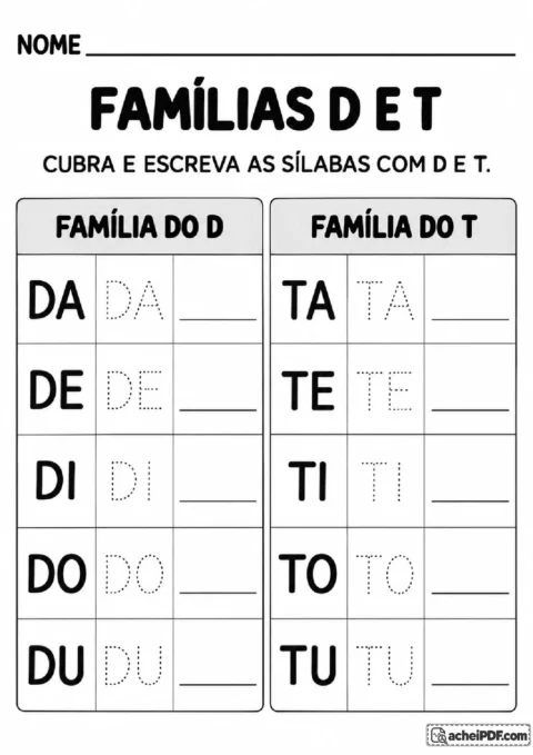 Famílias D e T organizadas em modelos de sílabas, traçado pontilhado e espaço de escrita para o 1º ano.