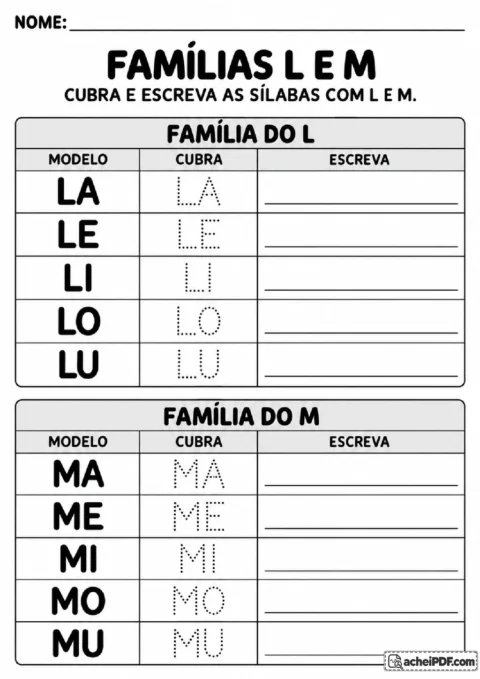 Sílabas com L e M para observar, cobrir no pontilhado e copiar em pauta seguindo os modelos.