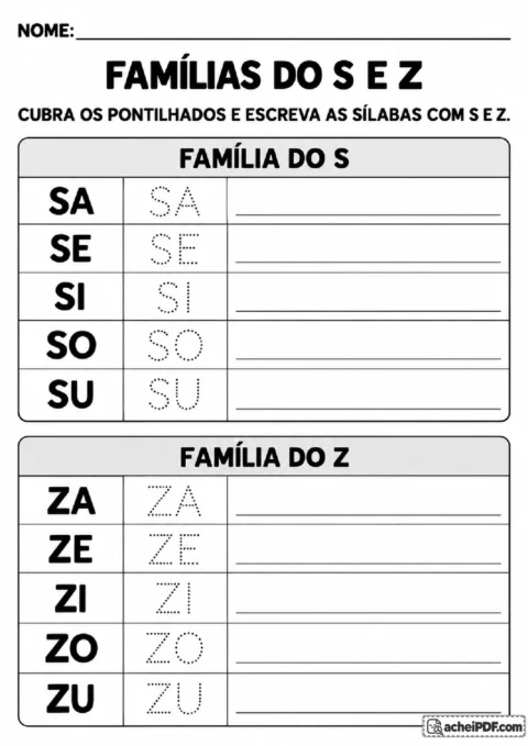Comparação gráfica das famílias S e Z com modelos de sílabas, pontilhados e pautas para praticar a escrita.