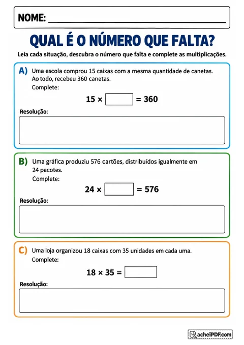 Situações com caixas de canetas, pacotes de cartões e produtos para completar multiplicações