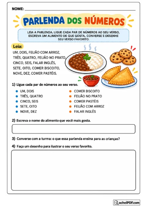 Parlenda Um, Dois, Feijão com Arroz com pares numéricos para ligar aos versos e espaços para escrever e desenhar.