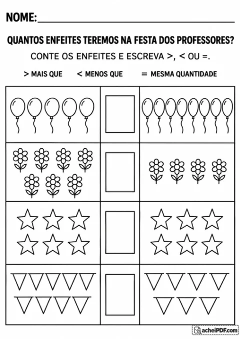Tabela de balões, flores, estrelas e bandeirinhas para contar conjuntos e completar sinais de comparação
