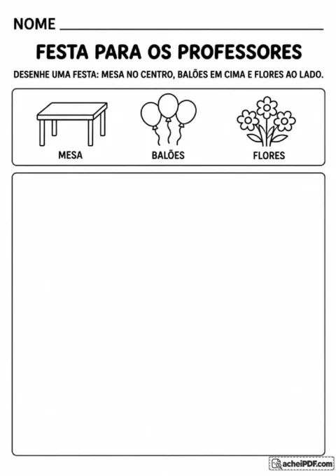 Espaço para desenhar uma festa com mesa central, balões acima e flores ao lado, seguindo instruções ilustradas