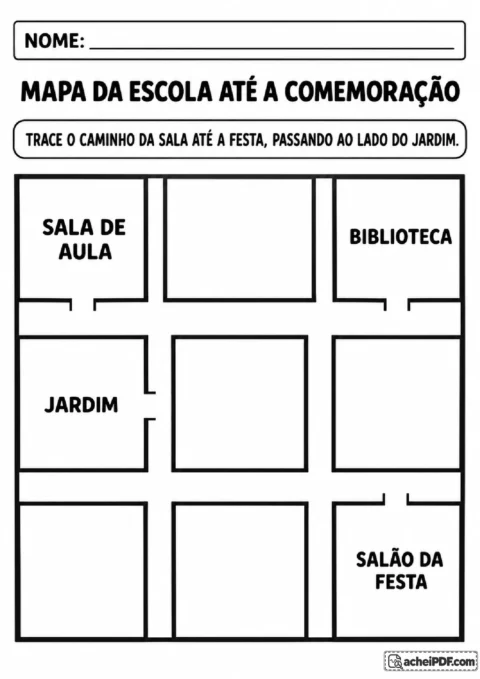 Mapa esquemático da escola com sala de aula, biblioteca, jardim e salão da festa para traçar um percurso