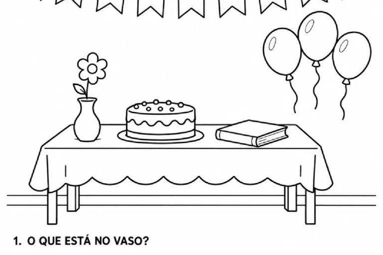 Sala decorada com bolo, livro, balões e flores para observar e responder perguntas sobre a Festa dos Professores