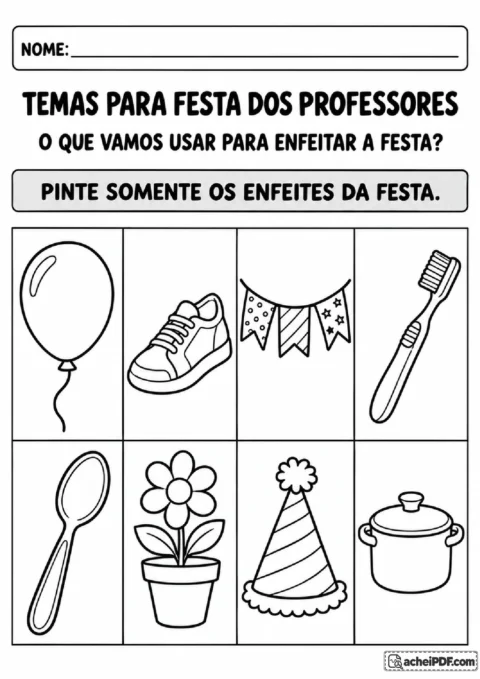 Figuras de balão, bandeirinhas, flores e objetos cotidianos para pintar somente os enfeites da festa