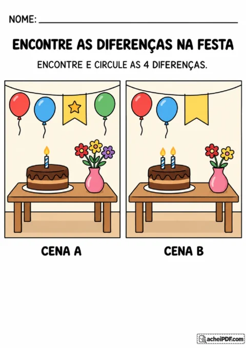 Duas cenas de festa para encontrar quatro diferenças em velas, flores, balões e estrela da bandeirinha