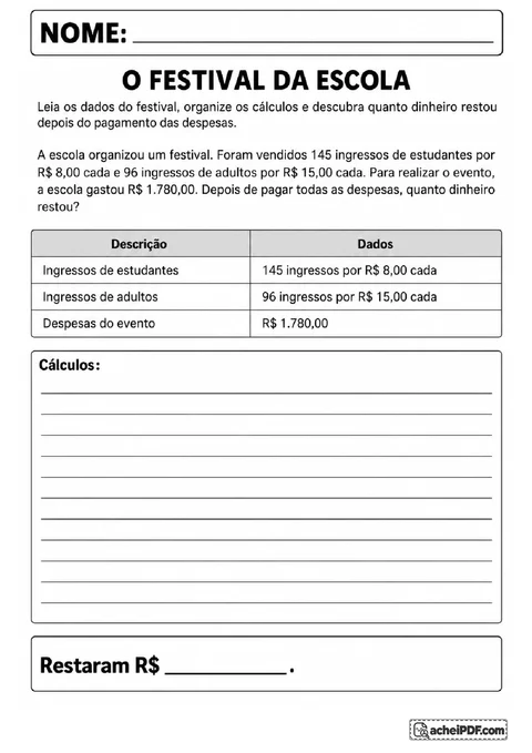 Problema do festival escolar com venda de ingressos e despesas para calcular o saldo final
