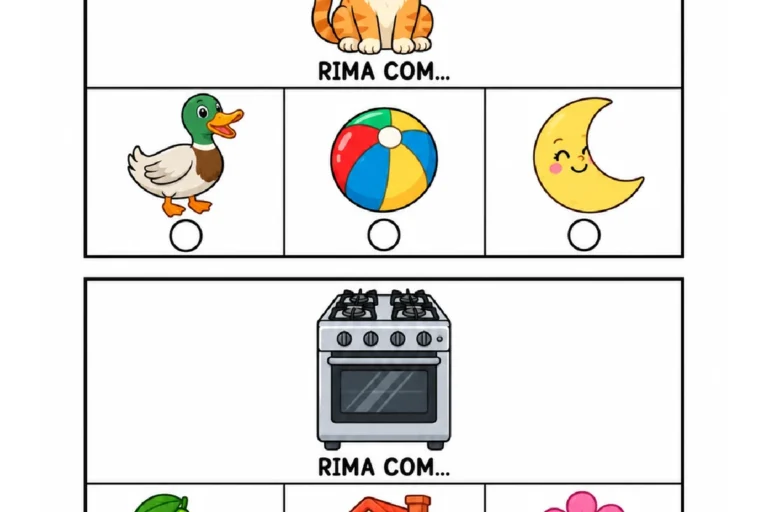 Ficha de rimas com gato e fogão para o Pré II, atividade 01 de 14, para circular figuras com sons finais semelhantes