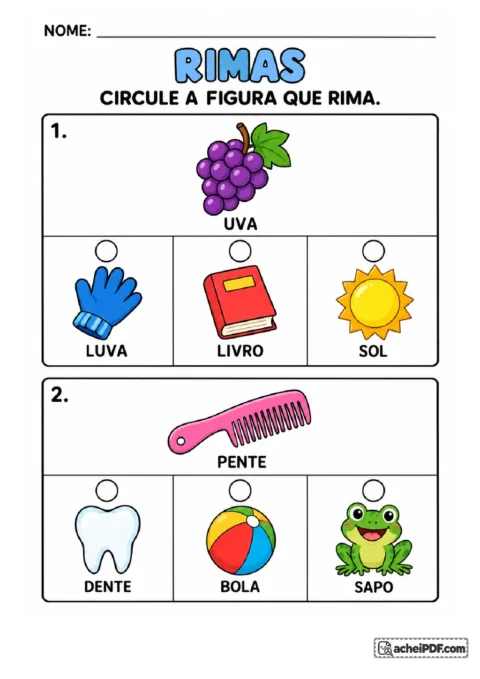 Ficha de rimas com uva e pente para o Pré II, atividade 03 de 14, para circular figuras com sons finais semelhantes