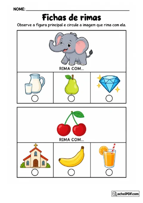 Ficha de rimas com elefante e cereja para o Pré II, atividade 05 de 14, para circular figuras com sons finais semelhantes