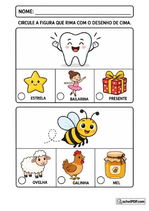 Ficha de rimas com dente e abelha para o Pré II, atividade 06 de 14, para circular figuras com sons finais semelhantes
