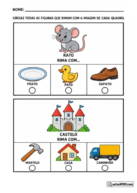 Ficha de rimas com rato e castelo para o Pré II, atividade 08 de 14, para circular figuras com sons finais semelhantes