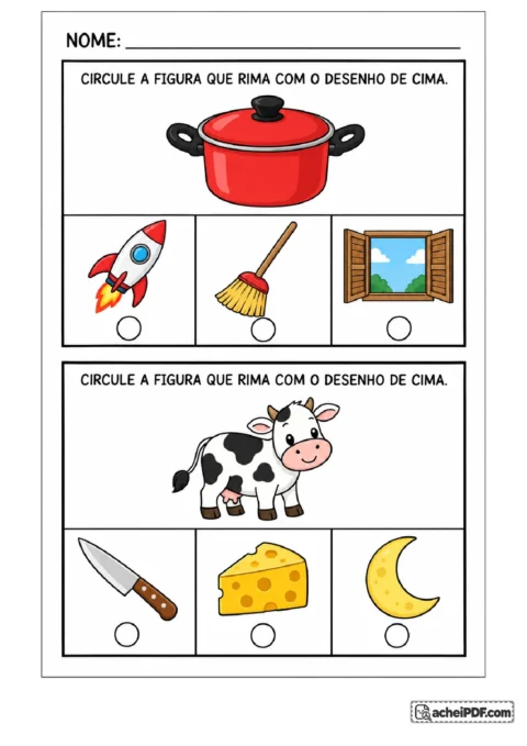 Ficha de rimas com panela e vaca para o Pré II, atividade 10 de 14, para circular figuras com sons finais semelhantes