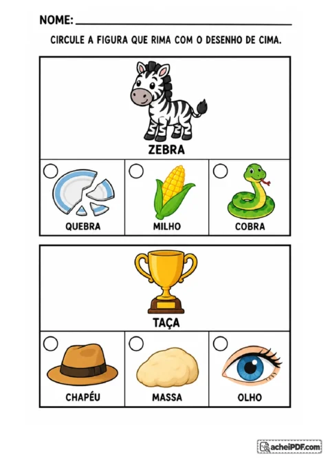 Ficha de rimas com zebra e taça para o Pré II, atividade 11 de 14, para circular figuras com sons finais semelhantes
