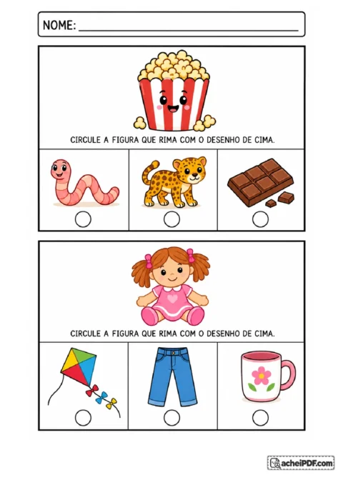 Ficha de rimas com pipoca e boneca para o Pré II, atividade 12 de 14, para circular figuras com sons finais semelhantes