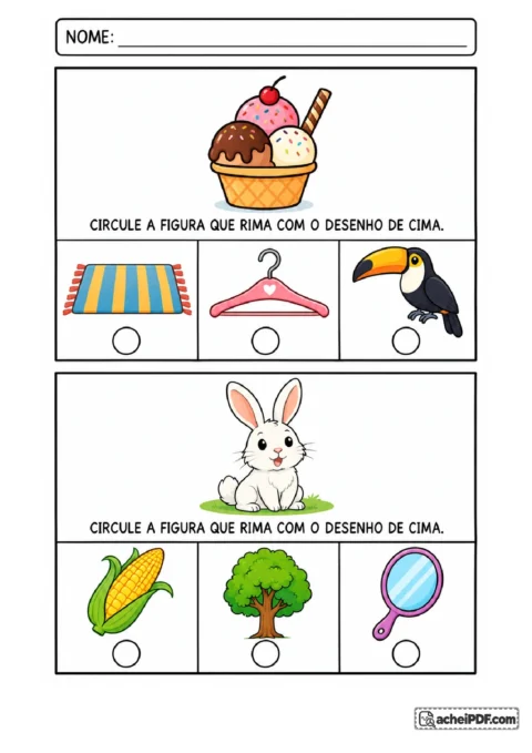 Ficha de rimas com sorvete e coelho para o Pré II, atividade 13 de 14, para circular figuras com sons finais semelhantes