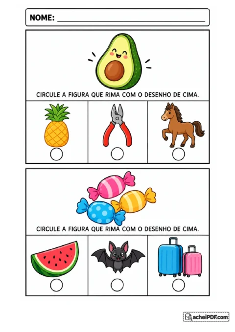 Ficha de rimas com abacate e balas para o Pré II, atividade 14 de 14, para circular figuras com sons finais semelhantes