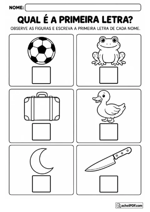 Figuras de bola, sapo, mala, pato, lua e faca com quadrados vazios para registrar a letra inicial.