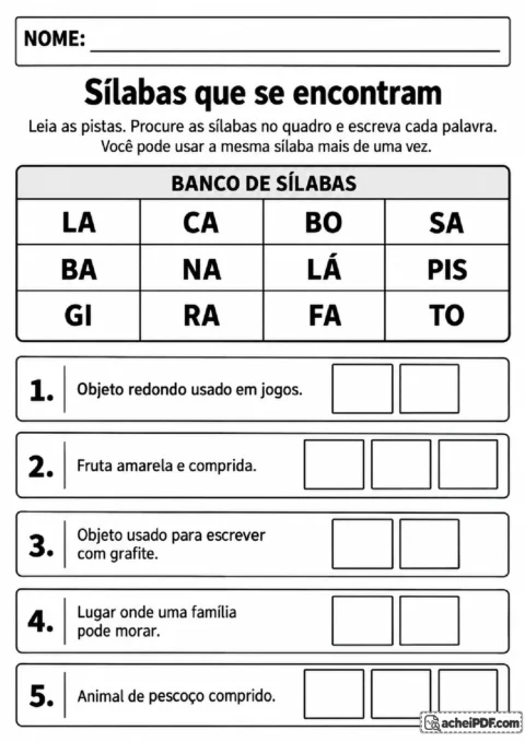 Quadro de sílabas com pistas para formar e escrever palavras como bola, banana, lápis, casa e girafa.