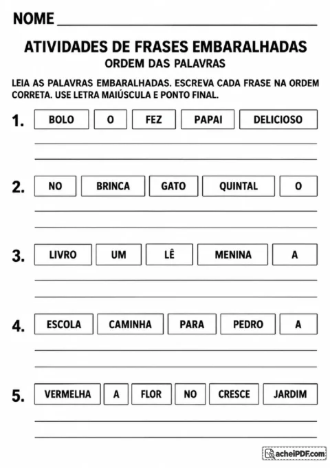 Atividade de ordenar palavras embaralhadas e escrever frases afirmativas com ponto final para o 2º ano
