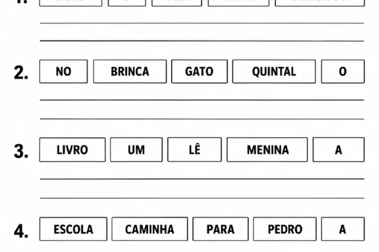 Atividade de ordenar palavras embaralhadas e escrever frases afirmativas com ponto final para o 2º ano