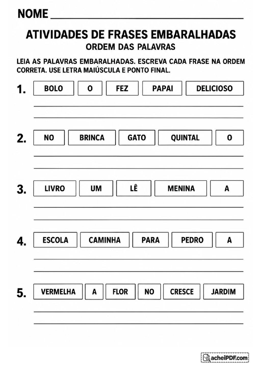 Ordenar Palavras e Formar Frases em PDF para o 2º ano