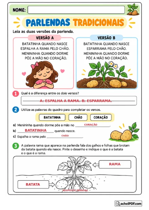 Gabarito da atividade Batatinha com comparação de versões, lacunas preenchidas e identificação das partes da planta.