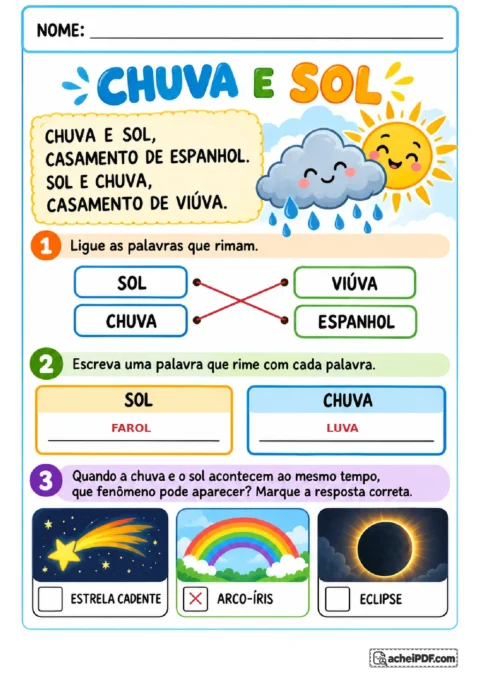 Gabarito de Chuva e Sol com ligações entre palavras que rimam, exemplos de rimas e alternativa marcada em vermelho.