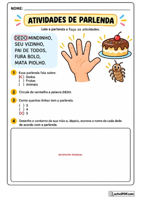 Gabarito de Dedo Mindinho com marcações vermelhas e identificação dos dedos da mão conforme a parlenda.