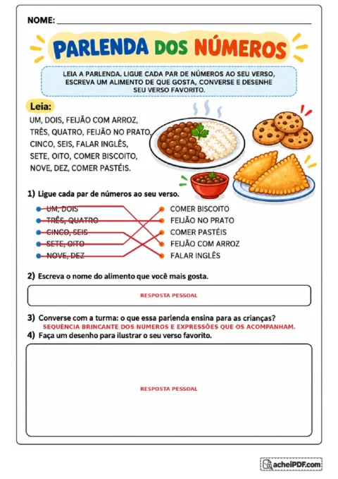 Gabarito de Um, Dois, Feijão com Arroz com ligações dos números aos versos e propostas de respostas pessoais.
