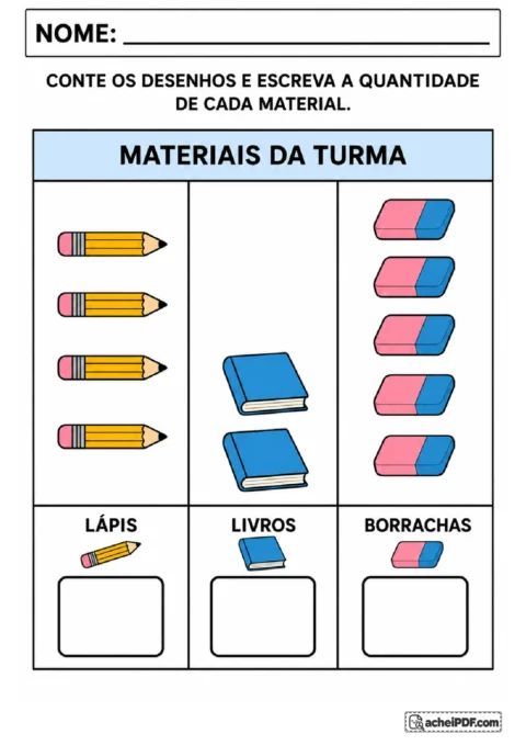 Gráfico ilustrado de materiais escolares com lápis, livros e borrachas para contar e registrar quantidades.