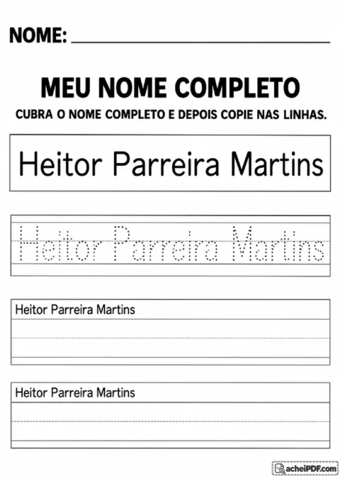 Nome completo Heitor Parreira Martins com modelo pontilhado e pautas para reprodução das três palavras.