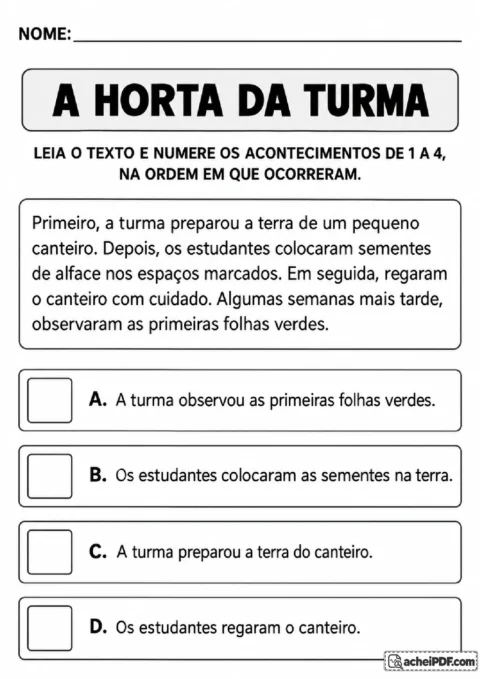 Narrativa A Horta da Turma com acontecimentos para numerar na ordem em que ocorreram