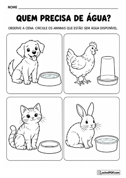 Cena com cachorro, galinha, gato e coelho para circular os animais cujos recipientes de água estão vazios