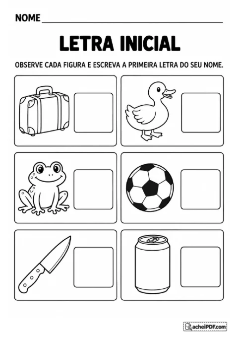 Desenhos de mala, pato, sapo, bola, faca e lata com quadrados vazios para escrever a primeira letra.
