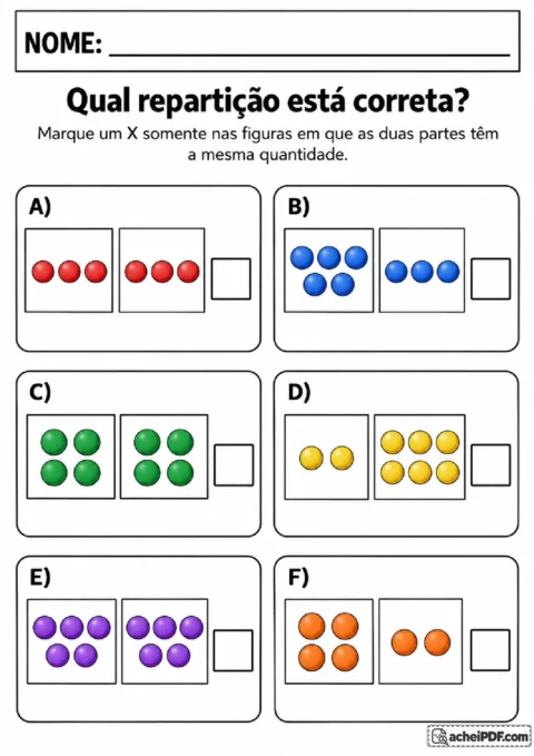 Exercício para marcar as distribuições de bolinhas que apresentam duas quantidades iguais