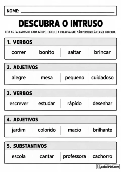 Atividade Descubra o Intruso com grupos de verbos, adjetivos e substantivos para circular a palavra diferente