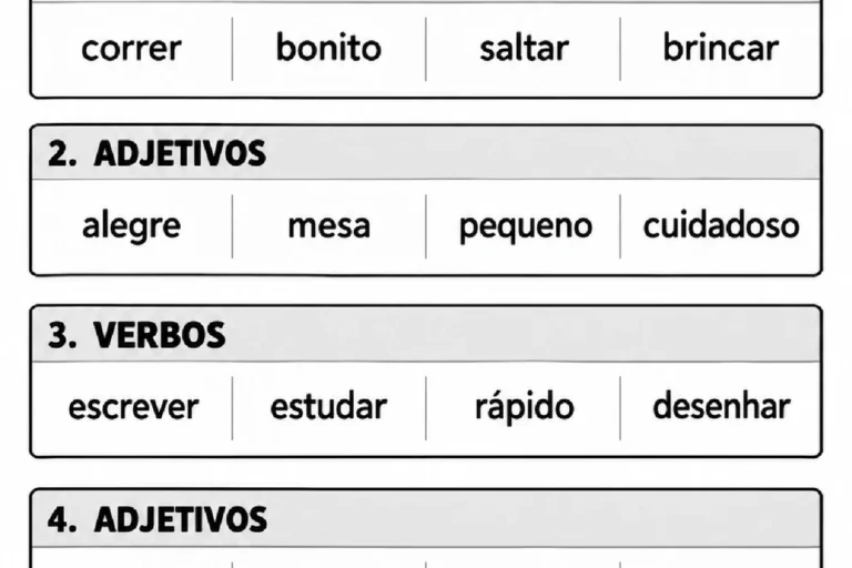 Atividade Descubra o Intruso com grupos de verbos, adjetivos e substantivos para circular a palavra diferente