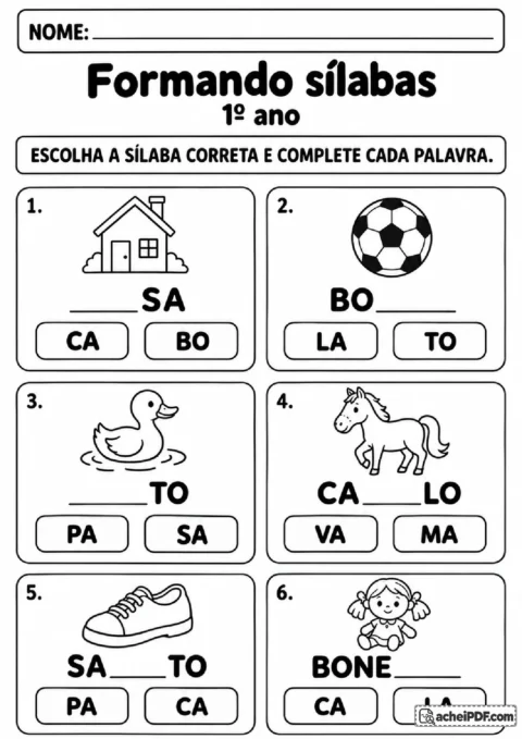 Palavras incompletas com duas opções de sílaba para preencher a parte ausente.