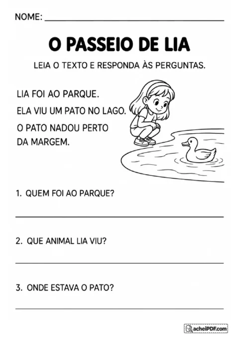 Texto O Passeio de Lia com ilustração de uma menina observando um pato no lago e três perguntas de leitura.