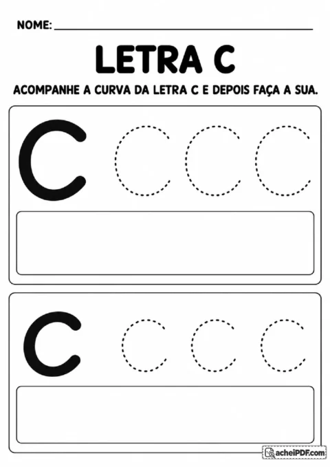 Letra C maiúscula e minúscula com curvas abertas pontilhadas e espaço de registro.